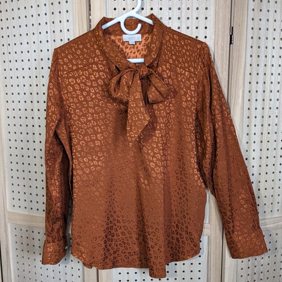 LOFT Women's long sleeve blouse with decorative tie, leopard embossed fabric - Picture 1 of 10